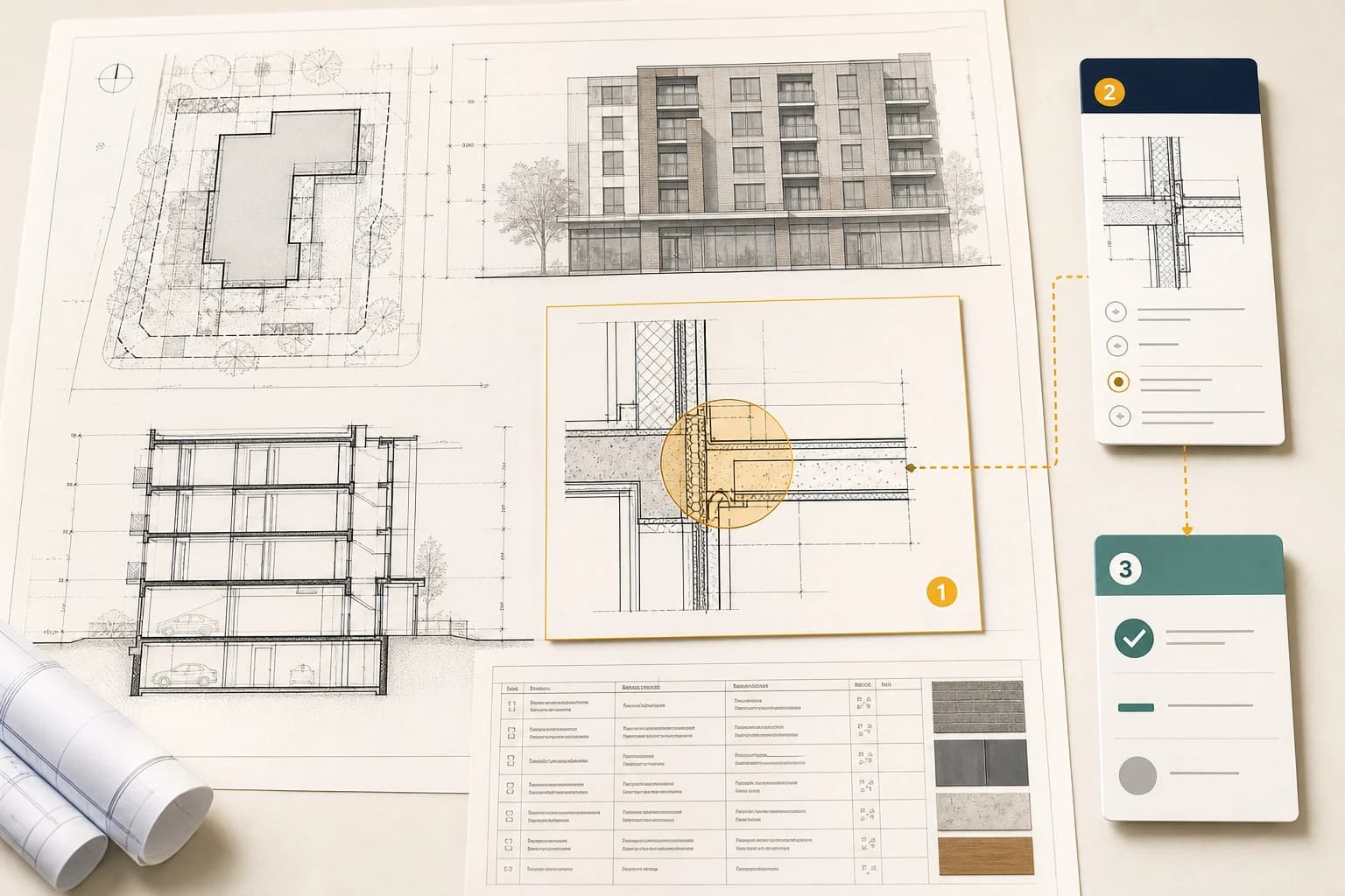 Architectural permit drawings connected to code checks and results